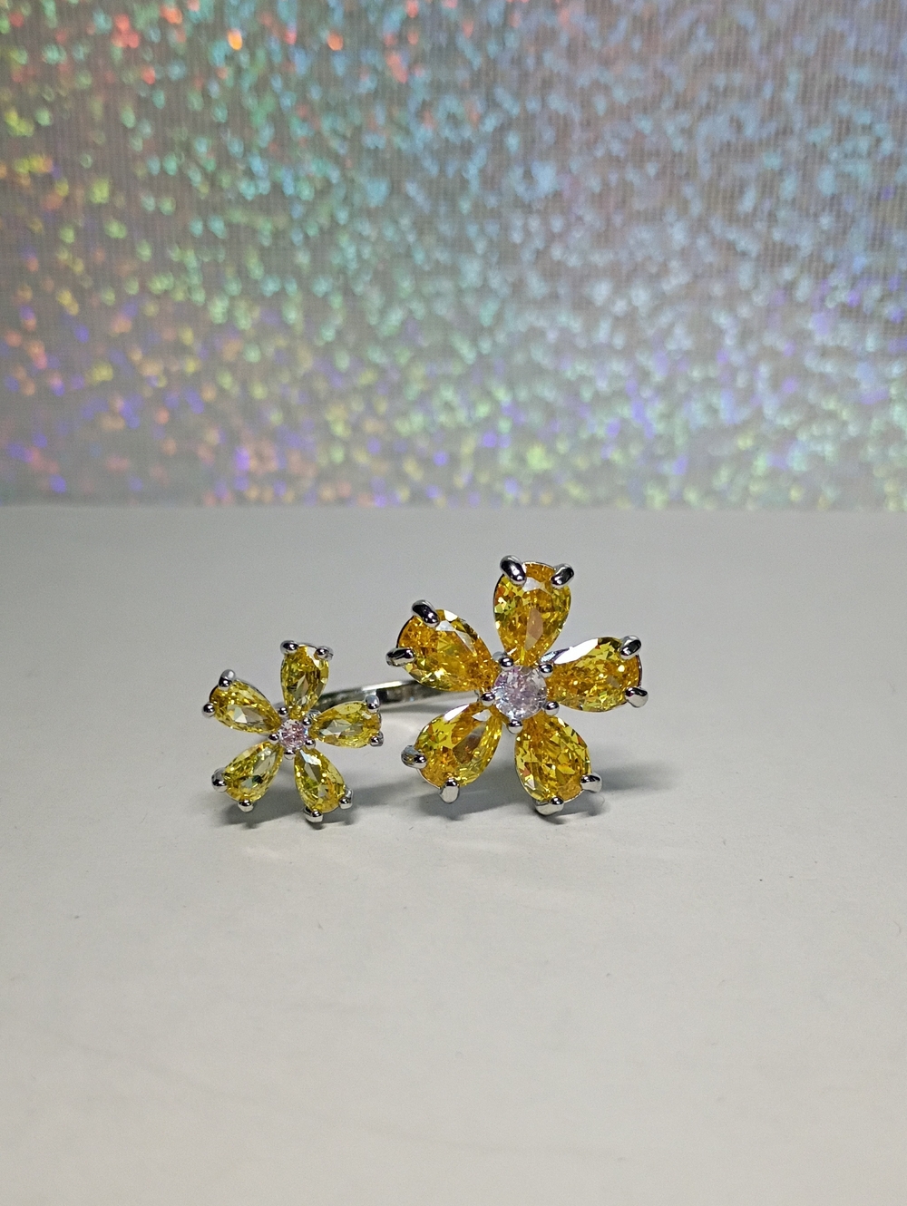 New Yellow Flower Double-Cluster Ring - Silver Tone